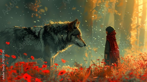 Digital art style, illustration painting of a wild girl and her wolf standing in the forest