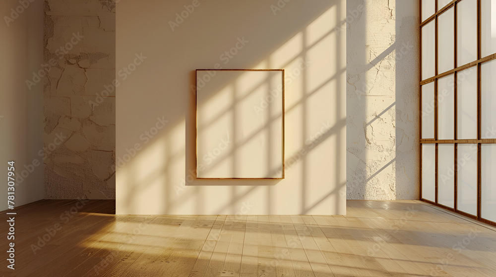 3d render, golden square frame on the wall in empty room, illuminated with the sunlight. Art gallery concept
3d render, golden square frame on the wall in empty room, illuminated with the sunlight. Art gallery concept