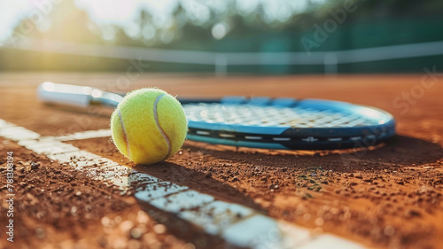 Tennis balls and tennis rackets on a clay court © sema_srinouljan