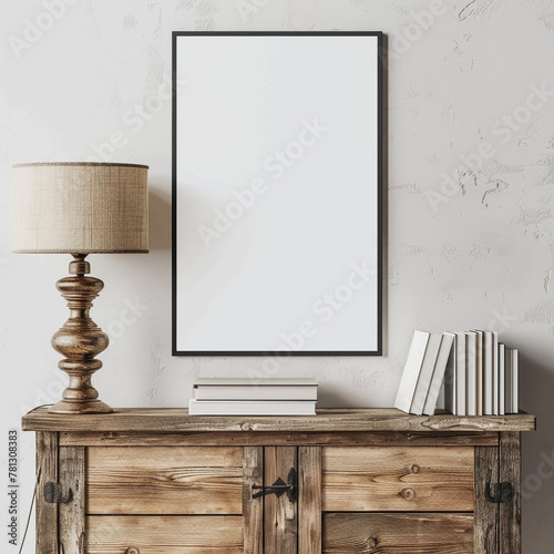 A vertical picture frame with blank white paper hanging on the wall