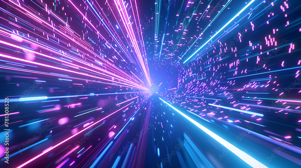 Naklejka premium 3d render. Abstract neon wallpaper. Chaotic vortex of glowing lines and particles isolated on black background. Digital data transfer