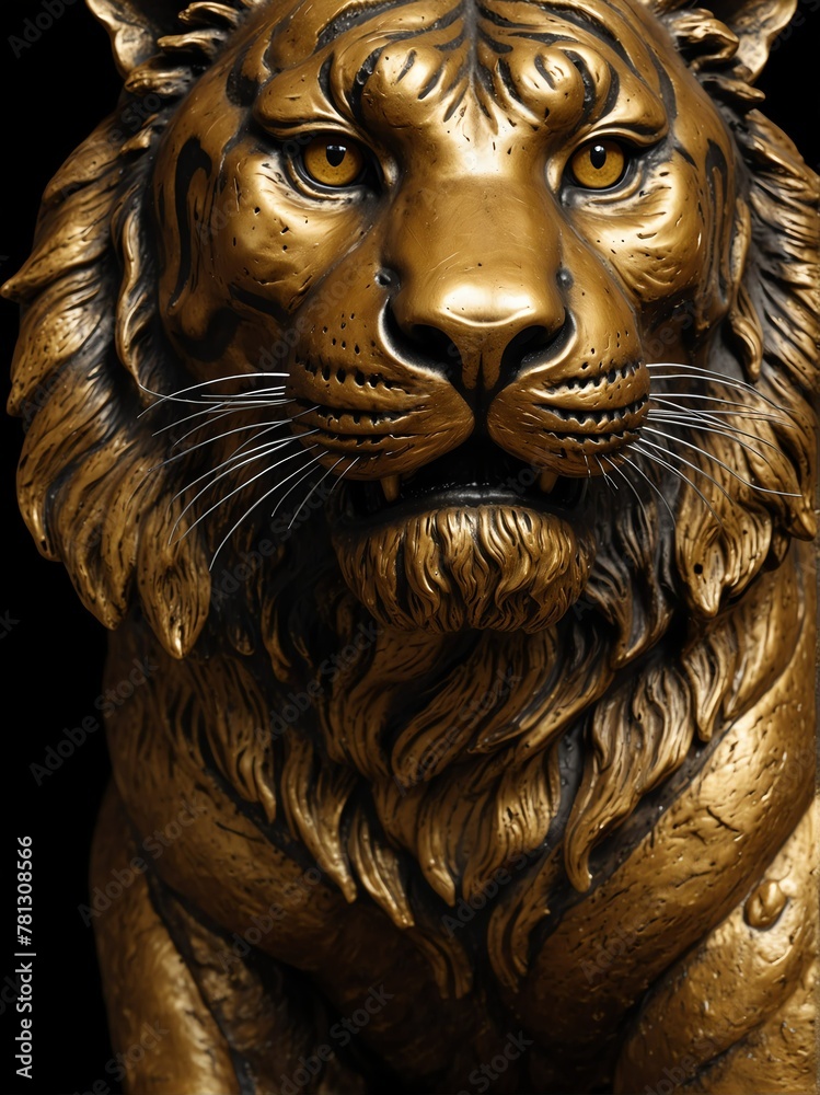 gold tiger statue on plain black background close-up portrait from Generative AI