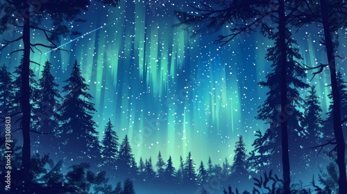 Enchanting Aurora Borealis over Serene Forest Landscape. © Oksana Smyshliaeva