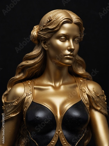 gold virgo zodiac statue on plain black background close-up portrait from Generative AI