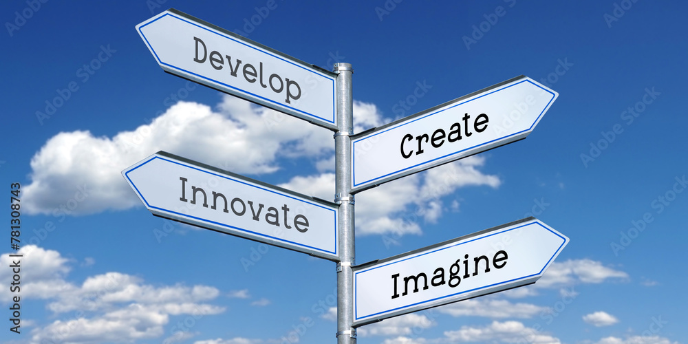 Develop, create, innovate, imagine - metal signpost with four arrows Develop, create, innovate, imagine - metal signpost with four arrows