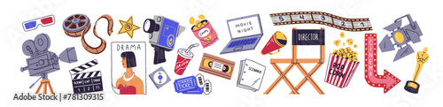 Cinematography items set. Movie accessories: cinema tickets, tape reel, filmstrip, retro video cameras, clapperboard, popcorn. Film industry elements. Flat isolated vector illustrations on white