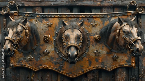 A steampunk brass banner featuring horse heads - 3D illustration