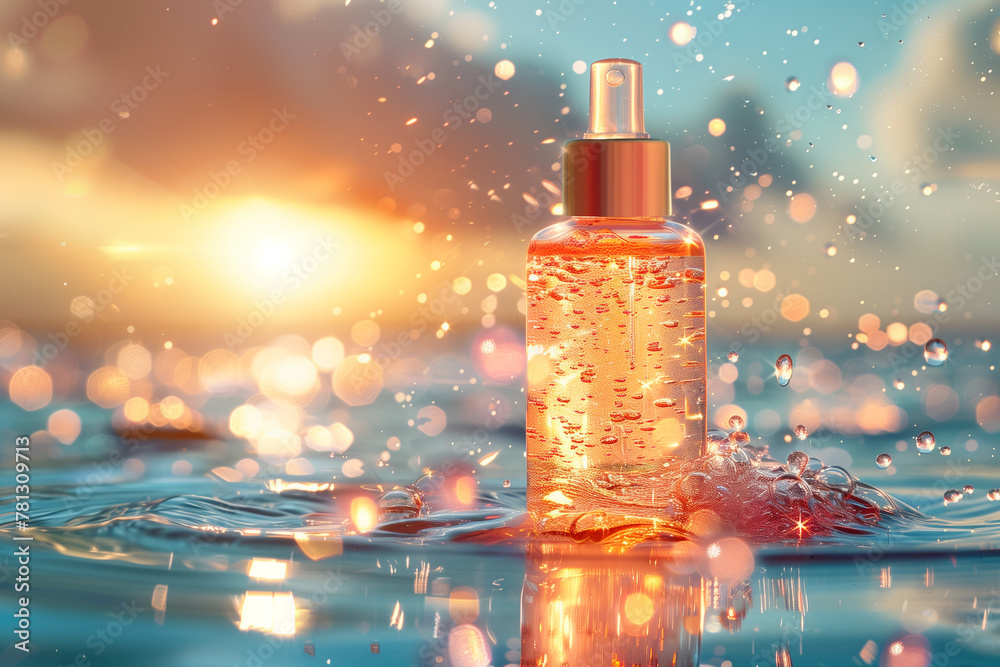Background for the image of a bottle with serum surrounded by water with sun rays Background for the image of a bottle with serum surrounded by water with sun rays