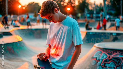 A young man in a white t-shirt stands in a skate park holding a skateboard in his hand. Sports injury. Riding a skateboard. Extreme. Sports competitions. Banner. Copy space photo