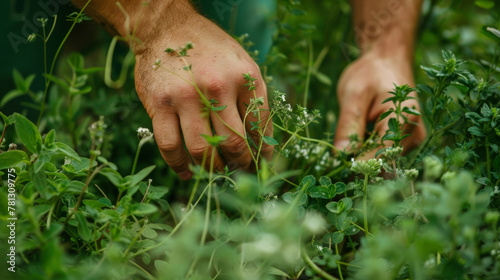 Hands delicately snipping fresh herb from wild plant, harvesting herb. photo