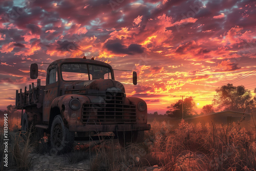 Old abandoned truck at the sunset photo