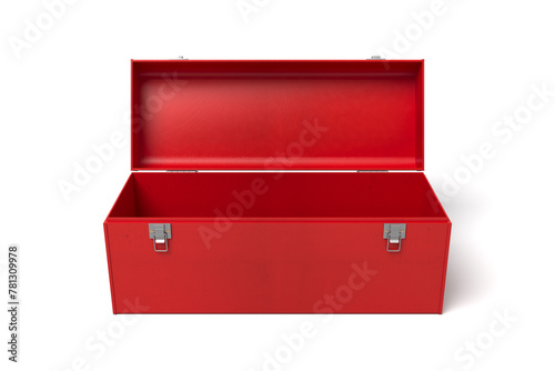 Red toolbox open, front view on white