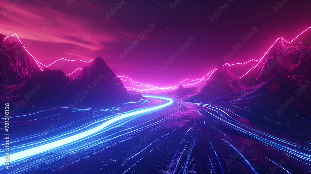 Obraz premium 3d render, abstract geometric neon background. Internet technology of future network. Digital data transfer concept. Dynamic lines glowing in the dark. Modern wallpaper 