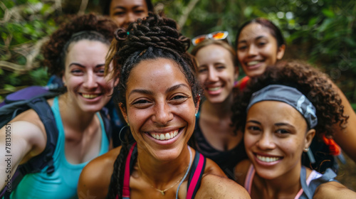 A diverse group of sporty women share laughs and smiles, group selfie and outdoor activities concept.