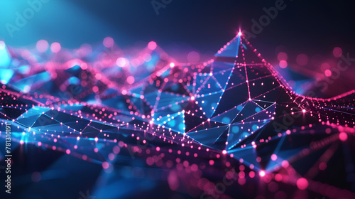 3d render, abstract geometric neon background. Internet technology of future network. Digital data transfer concept. Dynamic lines glowing in the dark. Modern wallpaper  photo