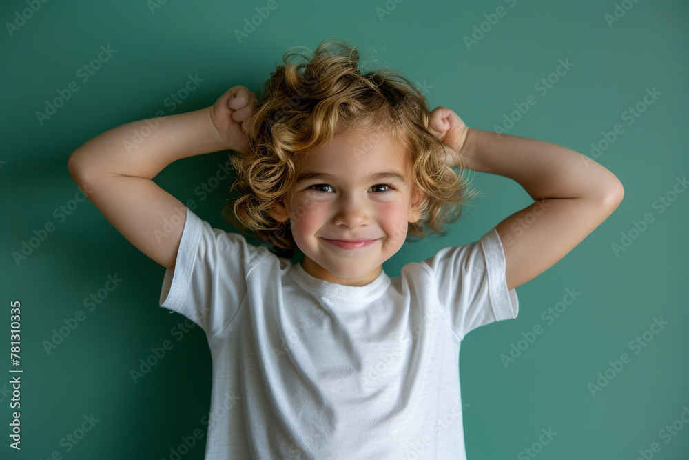 A happy and healthy young boy is standing and flexing his arms muscle on green background. A happy and healthy young boy is standing and flexing his arms muscle on green background.