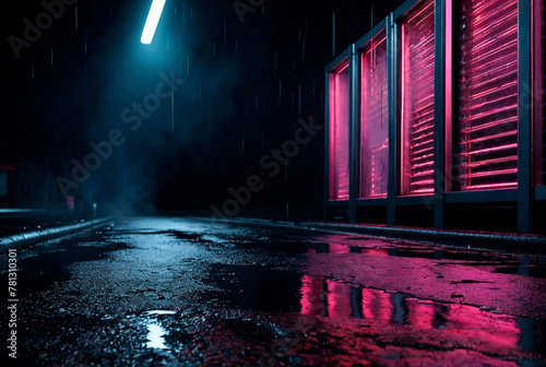 Abstract background of wet asphalt, reflection of neon lights, smoke in dark empty street. Dark space scene of empty street, scenery night city. Creativity design concept. Gen ai. Copy ad text space