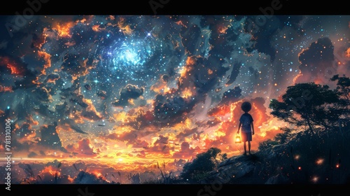 An illustration painting of a fantasy scene of the kid holding a lantern and looking at the stars in a dimensional window, executed in a digital art style