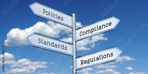 Policies, compliance, standards, regulations - metal signpost with four arrows