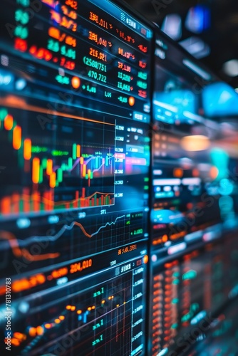 A stock market setup with multiple monitors displaying realtime business data and graphs, showcasing the digital environment of financial trading. With a softly blurred background that accentuates det © korisbo