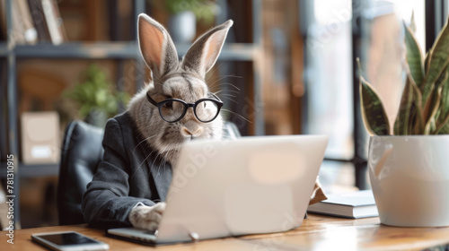 An adorable rabbit entrepreneur in a tailored suit and glasses working on a laptop computer in a contemporary office.