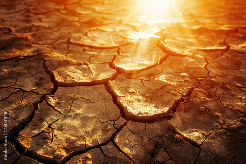Severe drought desert landscape with cracked mud and intense sunlight, global warming concept.