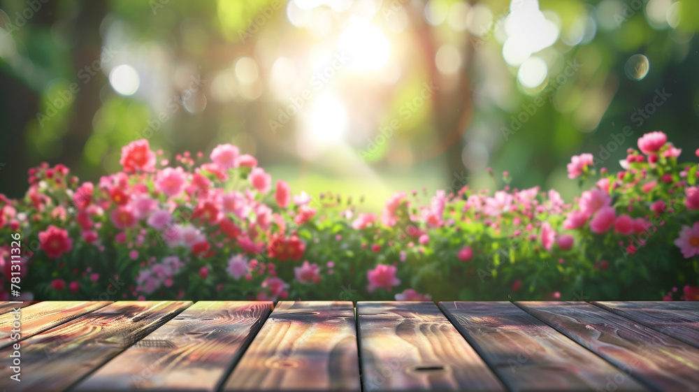 Wood table top on blur flower garden background Wood table top on blur flower garden background
