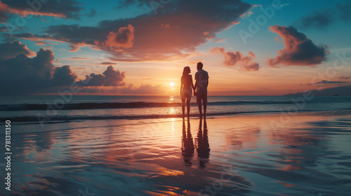 Pärchen hält Hand in Hand am Strand bei Sonnenuntergang romantischer Augenblick für viel Liebe Generative AI © Imagecreator