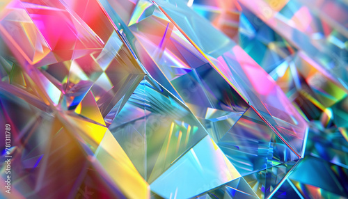 A soft pastel holographic composition with sharp triangular facets catching the light. 
