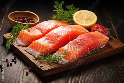 Salmon fillet cut into portions on a wooden board with lemon and herbs.