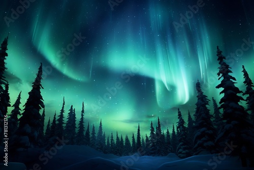 Aurora Night sky with northern lights over winter trees forest 
