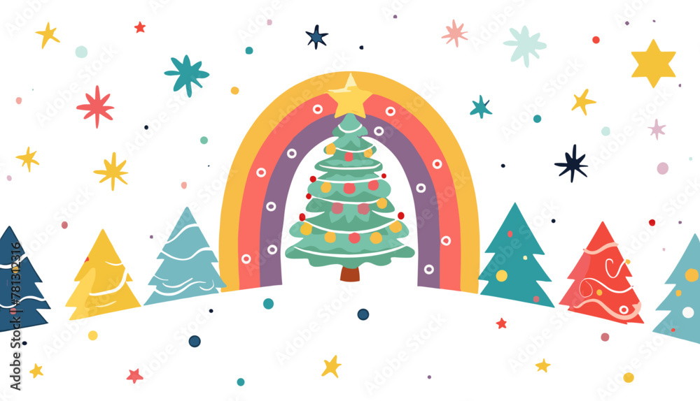 グルーヴィーなヒッピー クリスマス。虹、クリスマス ツリー、笑顔、トレンディなレトロな漫画スタイルのヒイラギの陽気な雰囲気。新年あけましておめでとうございますグリーティング カード、ポスター、テンプレート、印刷物、パーティーの招待状、背景。