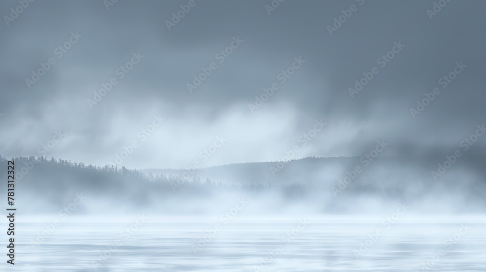 Misty Lake Landscape in Serene Blue Tones.