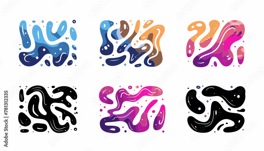 Obraz premium 液体の抽象的な有機ブロブ形状の背景セット。波状の要素がトレンディな y2k スタイルで泡立ち、ドロップします。幼稚なカラフルなベクトル分離イラスト。ポスター カードのテンプレート デザイン。