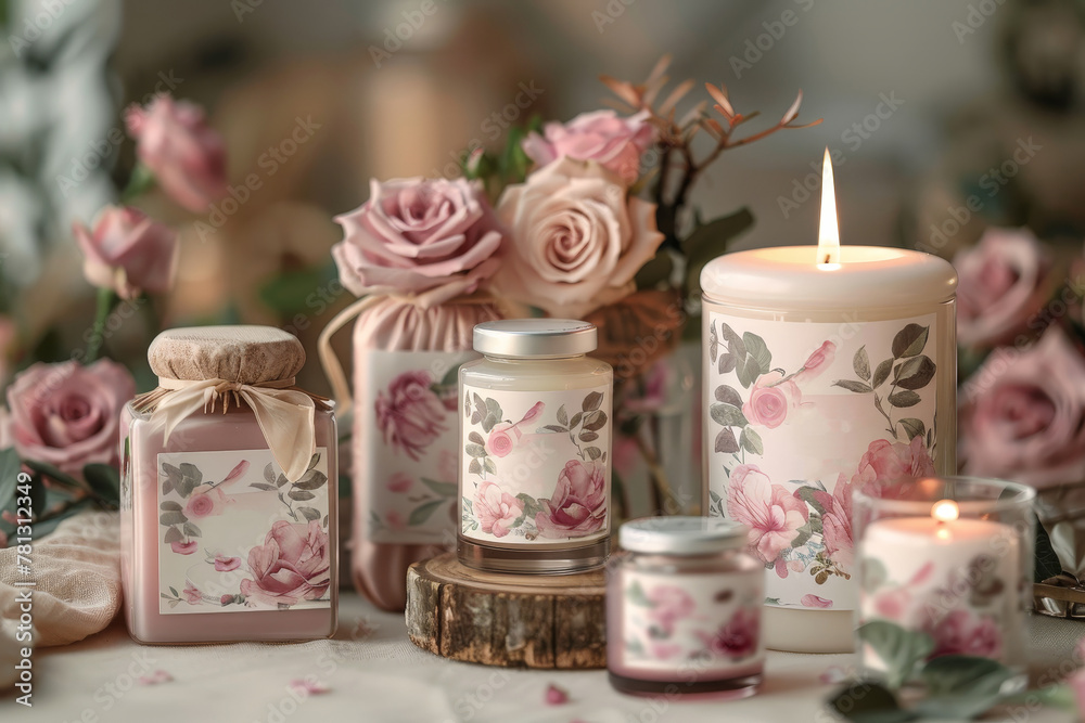 A table adorned with pink roses and flickering candles, creating a romantic and elegant atmosphere A table adorned with pink roses and flickering candles, creating a romantic and elegant atmosphere