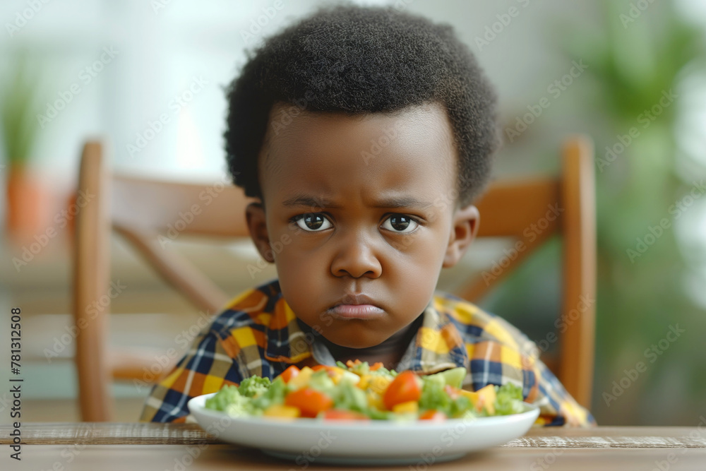 Fototapeta premium African American kid rejects vegetable salad, unhappy with meal
