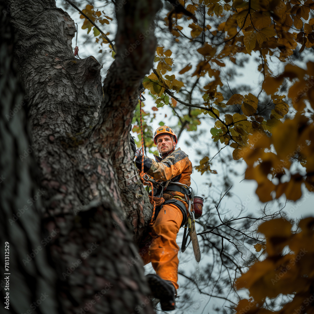 Tree service removal. Professional Arborist Climbing a Tree for Maintenance in Autumn. Tree service removal. Professional Arborist Climbing a Tree for Maintenance in Autumn.