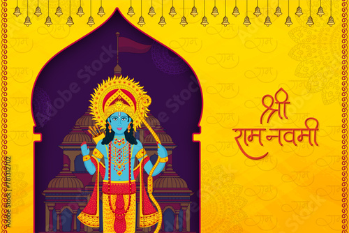 Happy Ram Navami festival of India. Lord Rama with arrow. vector illustration design with Hindi calligraphy meaning Shree Ram Navami 