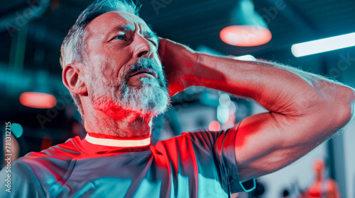An elderly man, 40-50 years old, experiences a headache in the gym under cold lighting. Sports injury and neck sprain. Blood pressure and heart failure. Healthy lifestyle. Banner. Copy space photo