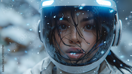 Beautiful Woman Astronaut Embarks on Futuristic Space Voyage in Simulation with Helmet and Spacesuit. Journey to the Stars, Explores Cosmic Simulation of Adventure.