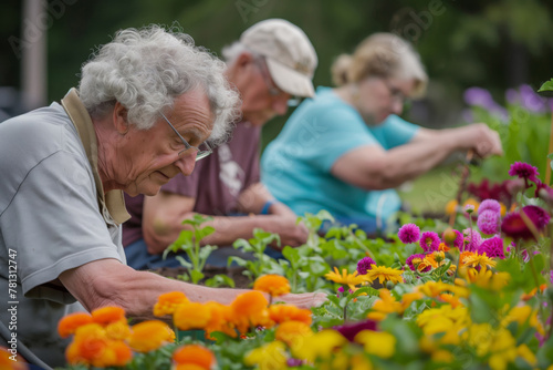 Gardening project  where seniors cultivate vibrant flower beds and vegetable patches together