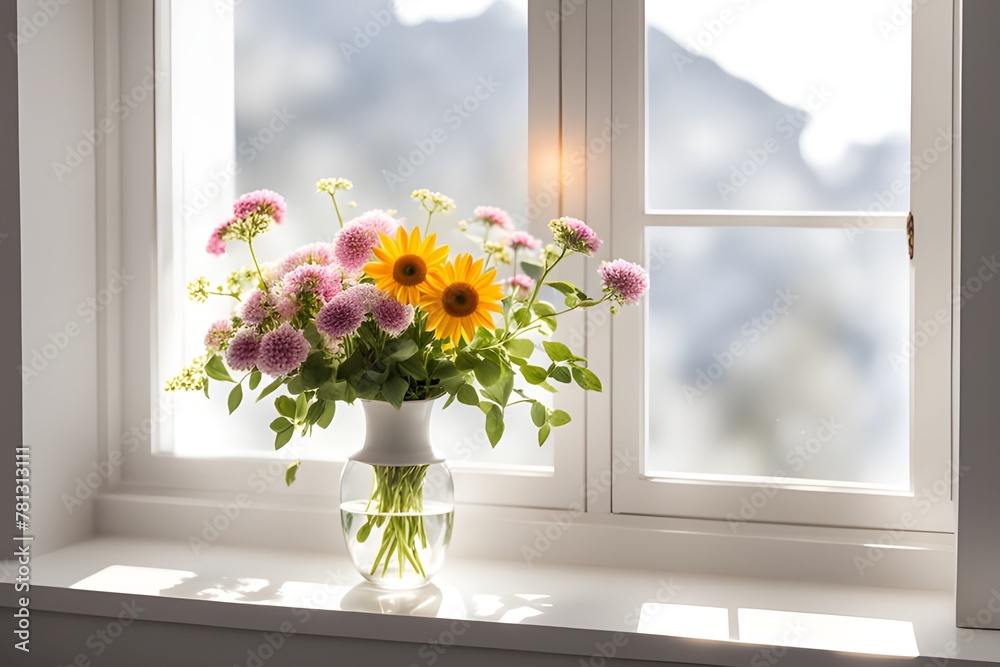 flowers in a vase on the windowsill with sunbeams flowers in a vase on the windowsill with sunbeams