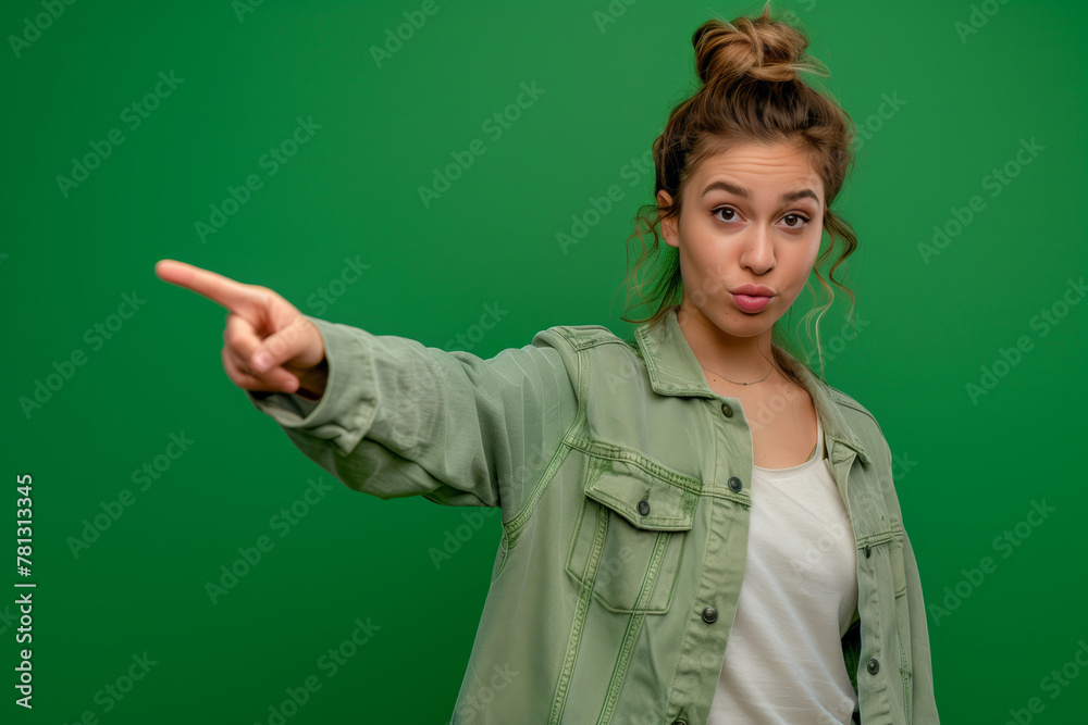 Woman pointing posture with finger want to communicate or signal something important with action gesture and special expression on her face Woman pointing posture with finger want to communicate or signal something important with action gesture and special expression on her face