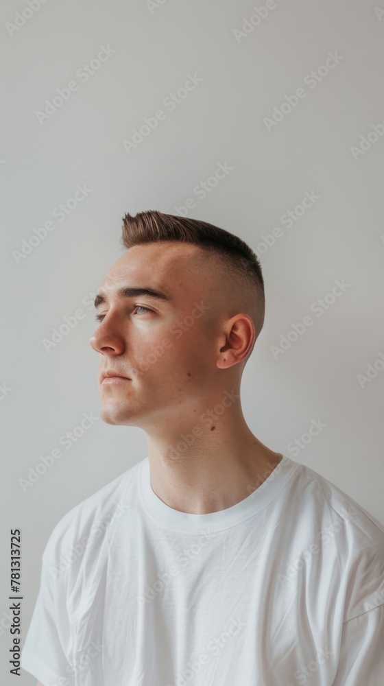 Young Man with Modern Undercut Hairstyle Posing Against White Background. Young Man with Modern Undercut Hairstyle Posing Against White Background.