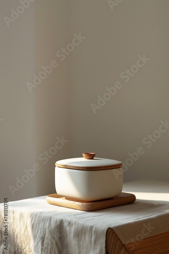 Ceramic container on the table, natural background, plenty of space for text, generative AI.