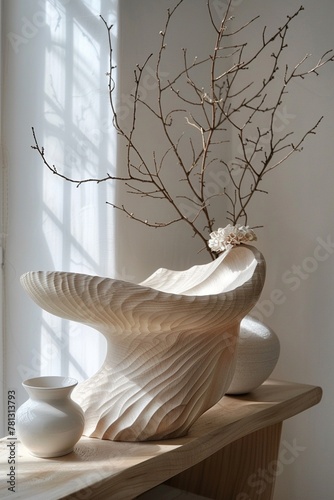 Abstract vase, twig in a vase, room decor in natural colors, muted colors, generative AI.
