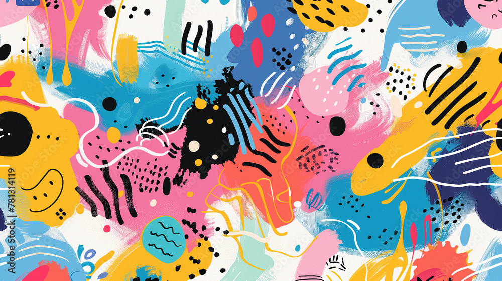 A playful and whimsical background filled with bright spots, dots: pink, yellow, orange, red, black, blue, white. A playful and whimsical background filled with bright spots, dots: pink, yellow, orange, red, black, blue, white.