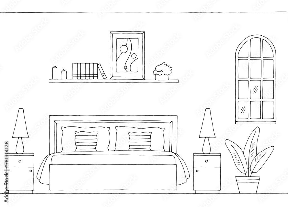 Front view bedroom graphic black white home interior sketch illustration vector