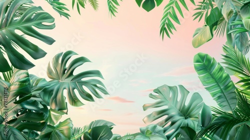 Tropical Paradise: Lush Monstera Leaves Against Pastel Sky.