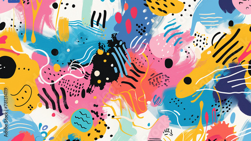 A playful and whimsical background filled with bright spots, dots: pink, yellow, orange, red, black, blue, white.